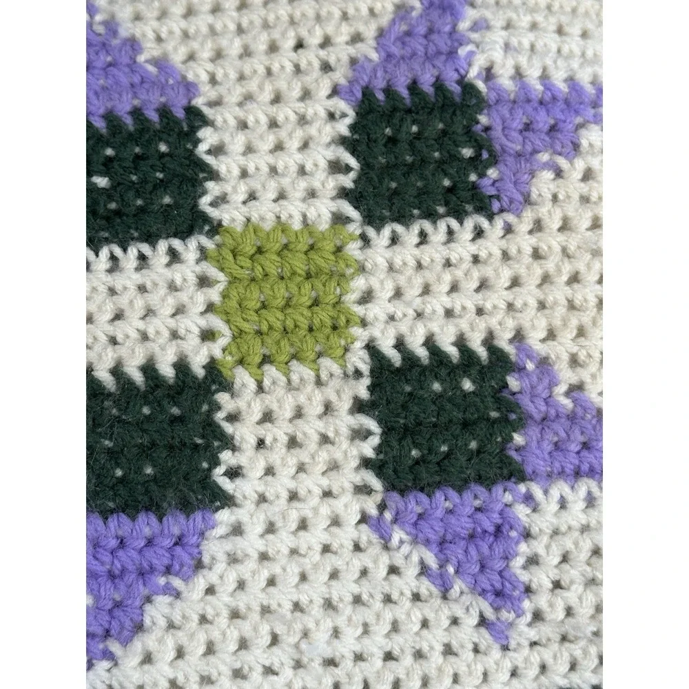 Vintage‎ Crochet Square Pillow Cream Purple Green Decorative Cottage Granny